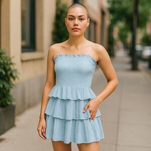 AQUA Ruffled Strapless Party Dress  Light Blue Straight Neck Back Zip NEW 12